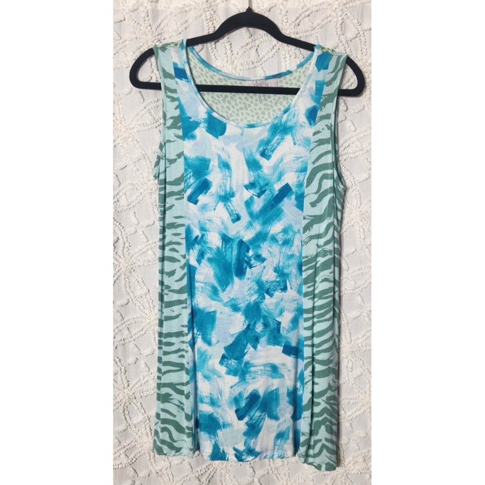 Logo Layers Womens Tunic Size Medium Blue Green Colorblock Animal Print Colorful